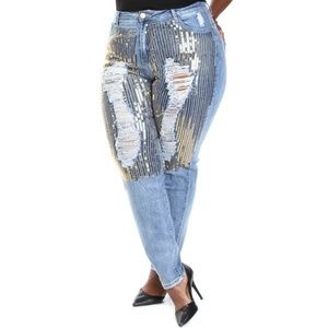Sexy Women plussize jeans with sequin -New